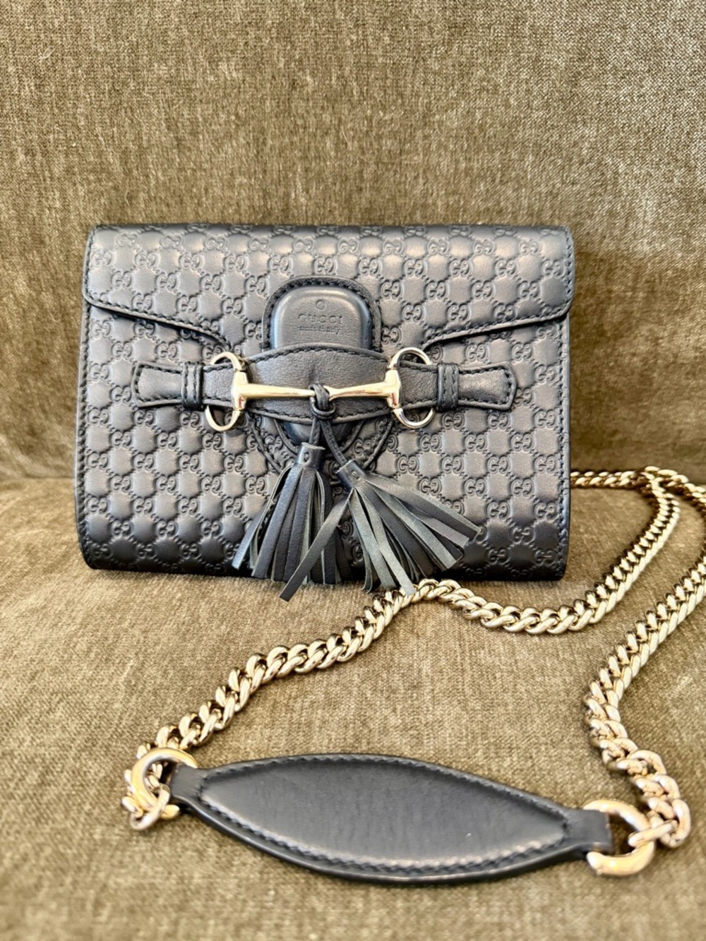 Gucci Black Microguccissima Leather Crossbody with Gold Chain & Tassels